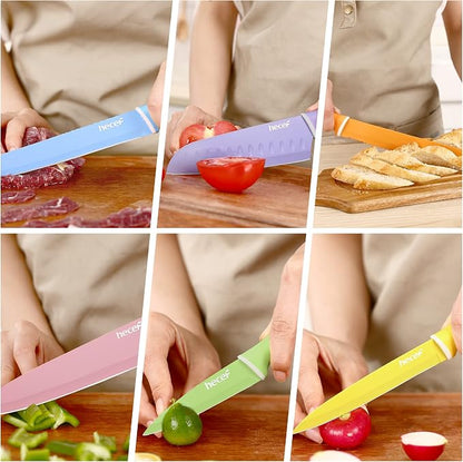 hecef Colorful Knife Set, 6 Pieces with Covers, Dishwasher Safe, Stainless Steel Colour Coded Non-Stick Cooking Knives Including Paring, Utility, Bread, Carving