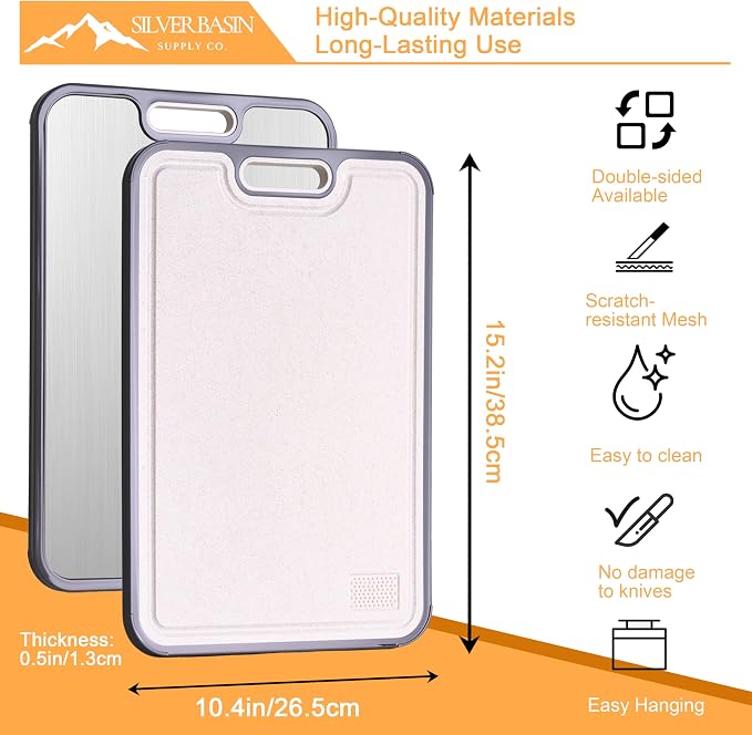 Dual-Sided Titanium Cutting Board with Wheat Straw PP Side for Kitchen, Medium Compact Non-Slip Chopping Board 15.2 x 10.5 inch