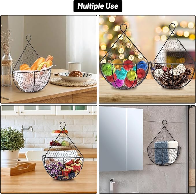 BSTKEY Set of 2,Wall-Mounted Hanging Metal Fruit Vegetable Baskets Hanging Produce Bins for Flowers, Decorations,Veggies,Decorations and More, Black