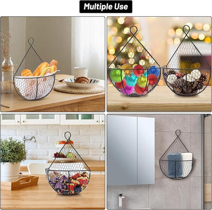 BSTKEY Set of 2,Wall-Mounted Hanging Metal Fruit Vegetable Baskets Hanging Produce Bins for Flowers, Decorations,Veggies,Decorations and More, Black