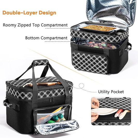 Double Layer Slow Cooker Carrier Bag – Fits 6–8 Qt Oval Slow Cooker Compatible with CrockPot & Hamilton Beach | Insulated Travel Tote with Utensil Storage & Adjustable Straps