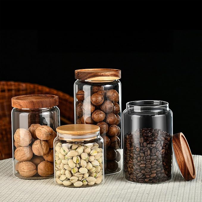 Custde Glass Jar with Lid, 42 FL oz Airtight Glass Storage Jar Glass Food Storage Containers for Kitchen Counter, Pantry, Decorative Jar for Coffee, Sugar, Candy Jar Cute Jar (Wooden 42 FL OZ)