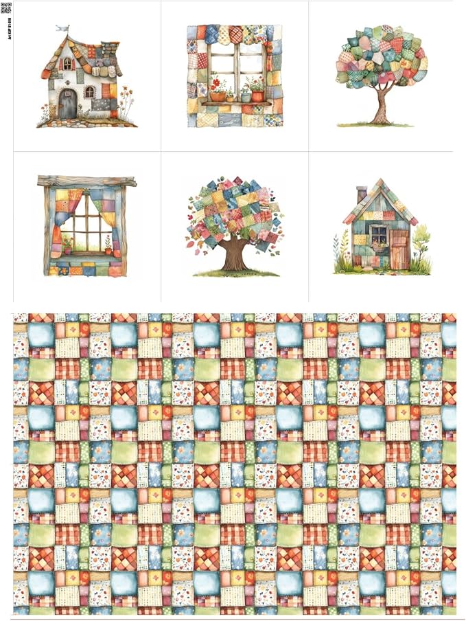 Patchwork Cozy Cottage Cotton Fabric Panel – 6 Designs (10×10 inch Each) + Bonus Sheet 29.5×19.6 inch, 100% Cotton 140 GSM, Made in Türkiye