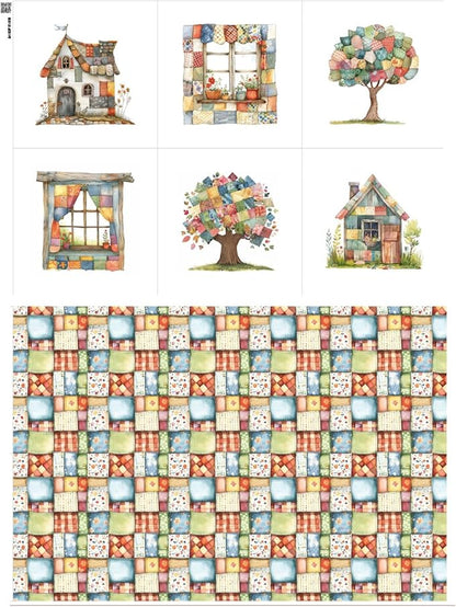 Patchwork Cozy Cottage Cotton Fabric Panel – 6 Designs (10×10 inch Each) + Bonus Sheet 29.5×19.6 inch, 100% Cotton 140 GSM, Made in Türkiye