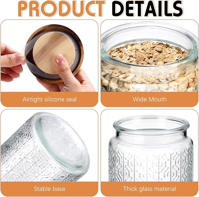 Domensi 6 Pcs Vintage Glass Jars 34 oz Glass Storage Jars with Lids Window Pattern Airtight Storage Containers for Kitchen Counter Pantry Coffee Bean Grains Tea Sugar Flour Candy Oats