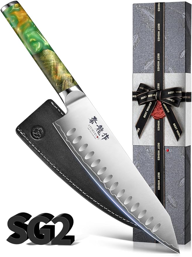 Japanese Chef Knife with SG2 Powder Steel, 8 Inch Professional Kitchen Knives, Handcrafted Kiritsuke Knife with Unique Jade Green Ergonomic Handle, Superior Edge Retention & Exceptional Durability
