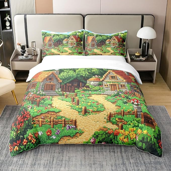 Full Size Duvet Cover Set Rustic Country 100% Pure Cotton Bedding Set Pixel Style Log Cabin Comforter Cover 3 PCS Building Video Games Quilt Cover Luxury Soft,Comforter Not Included