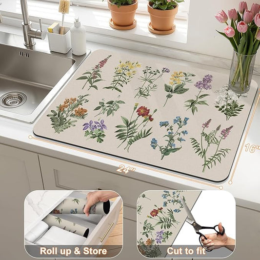 LOKHOM Dish Drying Mat for Kitchen Counter, 16"x24" Absorbent Coffee Bar Mat with Vintage Sage Flower Herbs, Dish Drainer Rack Mat for Kitchen Counter