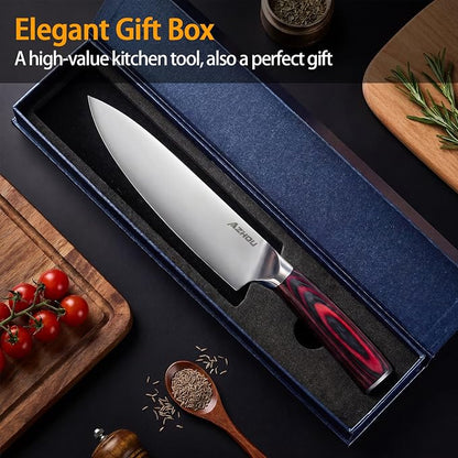 Azhou 8 Inch Chef Knife, Professional Kitchen Knife with 7Cr17CoMoV High Carbon Stainless Steel, Ultra Sharp Mirror Polished Blade, Ergonomic Wood Handle, Gift Box for Men Women