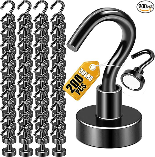DIYMAG Magnetic Hooks, 30Lbs Strong Heavy Duty Cruise Magnet S-Hooks for Classroom, Fridge, Hanging, Cabins, Grill, Kitchen, Garage, Workplace and Office Etc, (200Pack-Black),Screw in Hook