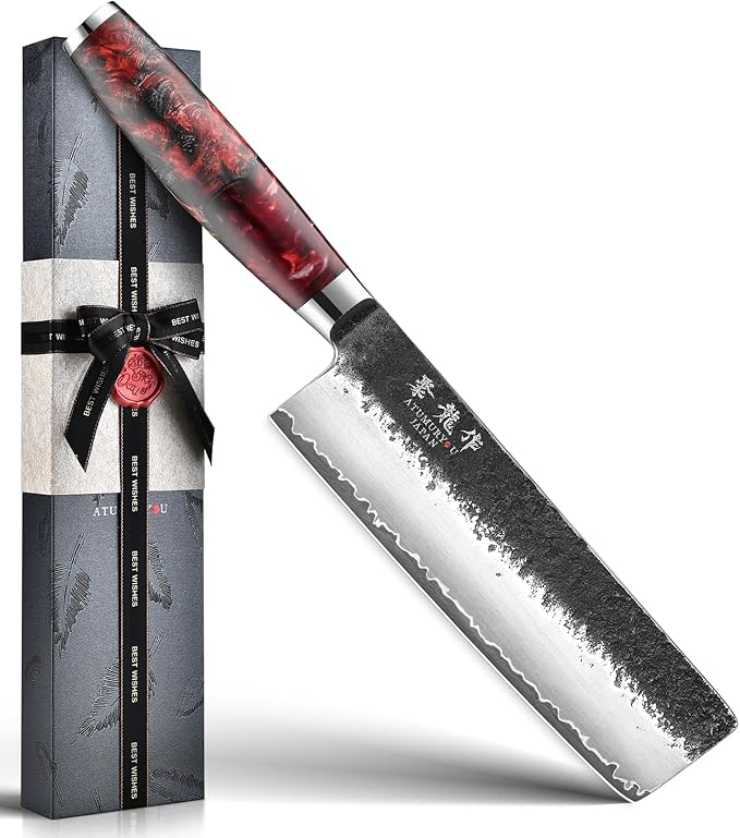 Japanese Nakiri Knife, 7 Inch Hand Forged Chef Knives with VG10 Steel, Professional Kitchen Knives, Ultra Sharp Vegetables Knife with Ergonomic Red Handle, Cooking Gifts for Men and Women