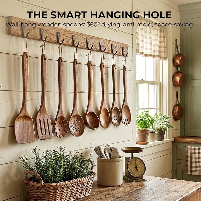 HAKSEN Wooden Spoons for Cooking, 10PCS Natural Acacia Wood Kitchen Utensils Set, Wooden Utensil Set for Nonstick Cookware, Smooth Finish, Sturdy & Durable