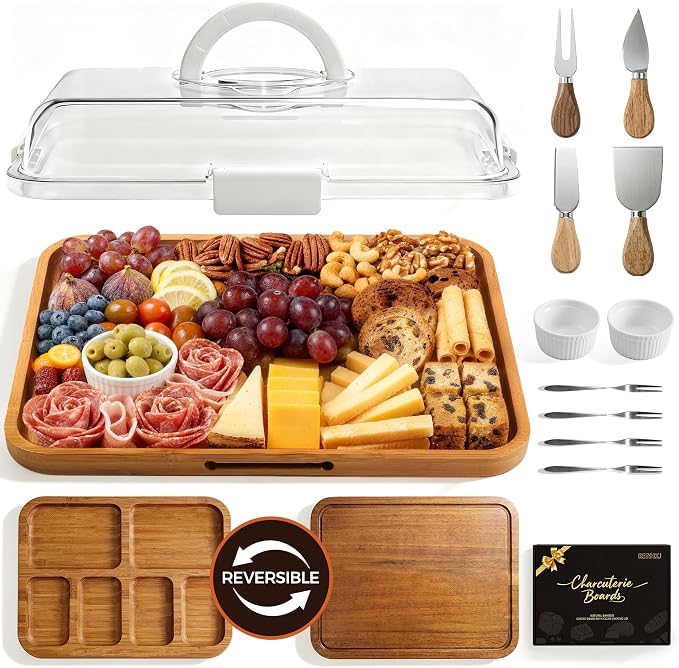 Renmxj Charcuterie Boards with Lid Gift Set, 2 in 1 Travel Portable Cheese Board with Knives Set, Carbonized Bamboo Charcuterie Tray, Housewarming Gifts New Home, Picnic, Wedding Gifts, White Handle