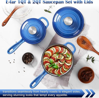 E-far 1Qt & 2Qt Sauce Pan Set, Enameled Cast Iron Saucepans Pot with Self-basting Lids, Heavy Duty Small Dutch Oven for Stove, Induction-Ready & Easy Clean, Deep Blue