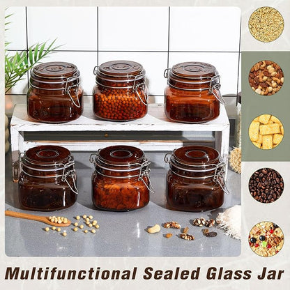 Norme 6 Pack 16oz Amber Airtight Glass Jars with Lids, Square Food Storage Container Airtight Food Wire Clip Fastening for Sauerkraut Flour Kitchen Sugar Cereal Kitchen Canning Pickling Mason Jars