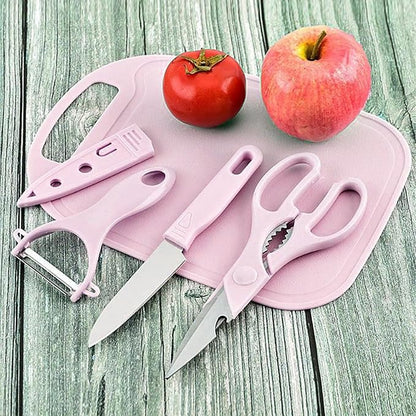 Magicorange Travel Cutting Board Set, 4 Pcs Portable Mini Camping Plastic Cutting Board Set & Stainless Steel Knife with Sheath, Fruits & Vegetable Peeler Scissors (Pink)