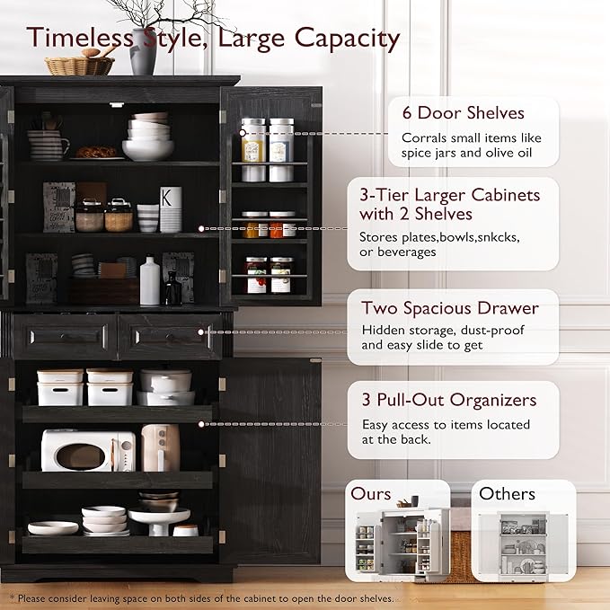 71.2" Tall Kitchen Pantry Cabinet with 3 Pull Out Cabinets Organizer, Farmhouse Embossed Texture Storage Cabinet with 6 Door Shelves, 2 Drawers, Black Freestanding Cupboard for Kitchen, Dining Room
