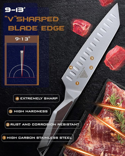 7 Inch Santoku Knife, Full Tang Kitchen Knife with Hollow-Ground Blade, High Carbon Stainless Steel Chef Knife for Meat, Vegetables & Fruits, Ergonomic Metal Handle, Premium Gift Box