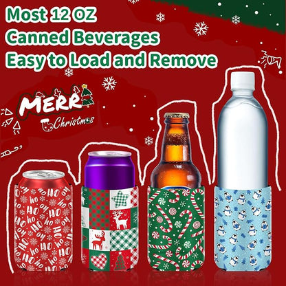 18 pack Christmas Can Cooler Sleeves, Beer Drink Can Beverage Bottle Cooler Sleeves Collapsible for Christmas Holiday Party Gifts Decorations Supplies Favors