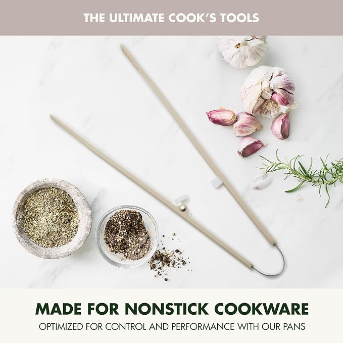 GreenPan Silicone Tong, Cooking Grilling Serving, Salad, Kitchen Utensil, Flexible Rubber Nonstick Cookware, Rigid Steel Core, Heat-Resistant, Anti-Slip Handle, BPA-Free, Dishwasher Safe, Taupe