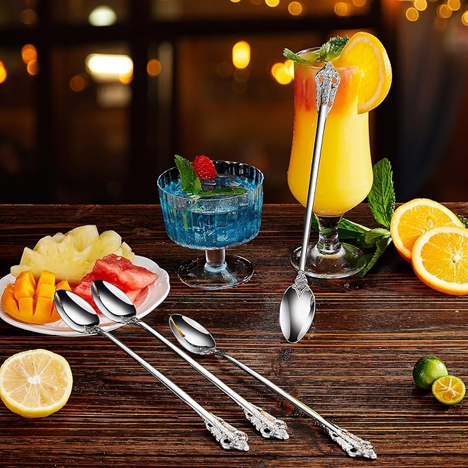 KEAWELL Luxurious 9 Inch Long Iced Tea Spoon Set - 4 Pieces - Gorgeous Design with Exceptional Mirror Polished Finish - 18/10 Stainless Steel- Perfect for Tall Glasses, Cocktails (Silver)