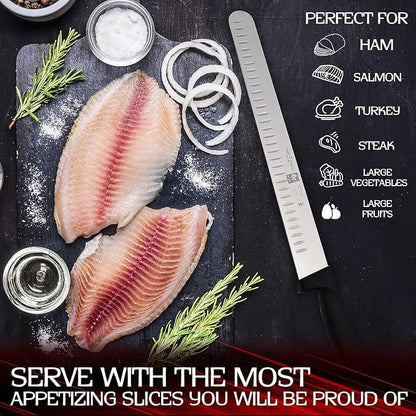 12-inch Blade Granton Edge, Turkey, Salmon, ham Slicer, Meat Slicing Knife. NSF Approved, Best Knife to Slice Large Roast and Whole Turkey.