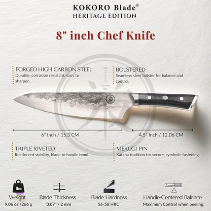 8” Professional Chef Knife – Hand Forged Kitchen Knife with Dark Wood Handle, Full Tang, Razor Sharp, Balanced – from British Fusion Atelier KOKORO – A Thoughtful Gift for Cooks