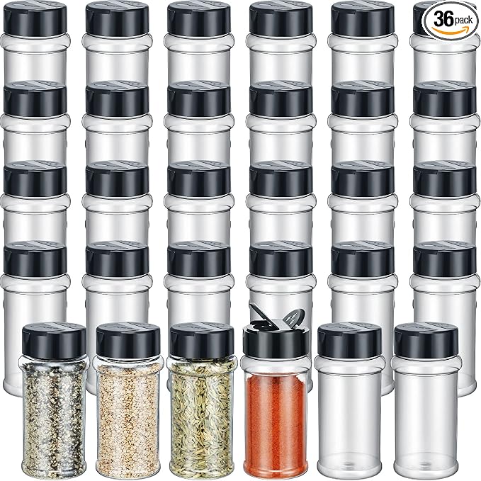 Jadive 36 Pcs 5.5 oz Plastic Spice Jars with Shaker Lids Clear Spice Bottles Plastic Seasoning Containers Empty Shaker for Kitchen Storing Herbs Seasoning Powders Pepper Dry Goods (Black)