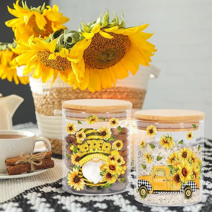 JarThenaAMCS 3Pcs Sunflower Glass Storage Jars with Airtight Lid Watercolor Floral Gnome Truck Candy Cookie Canisters Sets for Spring Summer Home Kitchen Countertop Decorations
