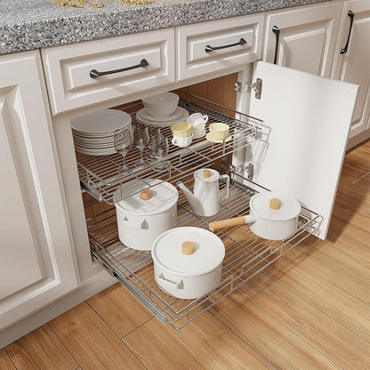 ROOMTEC Individual Pull Out Cabinet Organizer (31½" W x 21½" D), 2 Tier Spice Rack Organizer for Cabinet, Slide Out Drawer Pantry Shelf Organization and Storage for Kitchen Bathroom