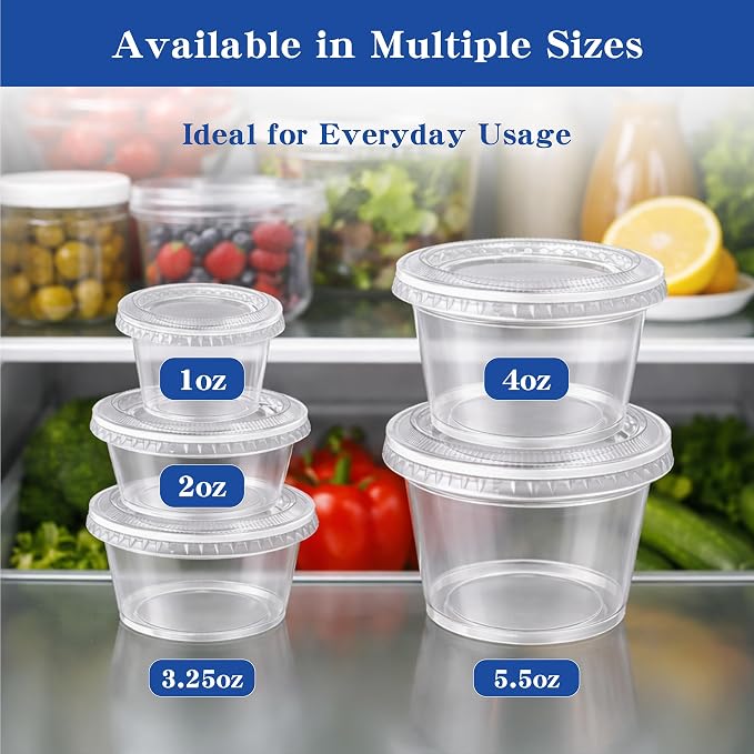 400 sets - 3.25 oz Portion Cups with Lids, Jello Shot Cups with Lids, Bulk ＆ Clear Sauce Cups for Meal Prep, Disposable Small Plastic Containers for Salad Dressing, Condiment, Snacks