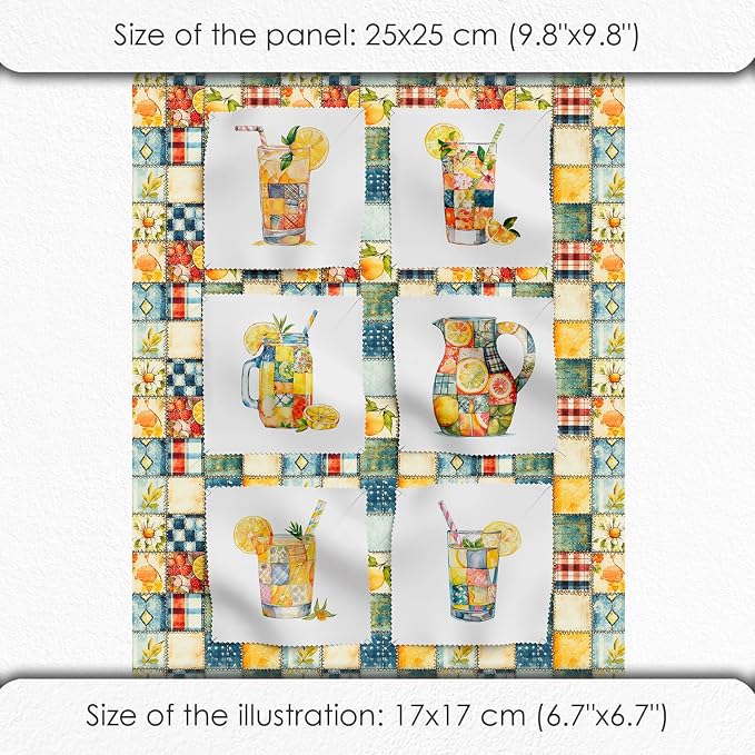 Summer Lemon Patchwork Cotton Fabric Panel – Six 10×10 inch Designs + Bonus 29.5×19.6 inch Patchwork Sheet, 100% Turkish Cotton 140 GSM