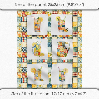 Summer Lemon Patchwork Cotton Fabric Panel – Six 10×10 inch Designs + Bonus 29.5×19.6 inch Patchwork Sheet, 100% Turkish Cotton 140 GSM