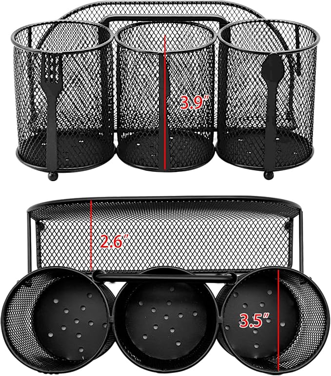 Silverware Organizer Utensil Caddy - 4 Compartment Metal Cutlery Holder Flatware Storage Basket Fork Spoon Napkin Paper Plate Kitchen Countertop Party Picnic Camping Buffet Outdoor (Black)