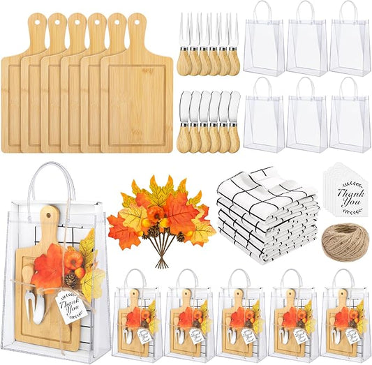 Kochorie 6 Sets Fall Baby Shower Favors 43 Pcs Wooden Square Cheese Board with Knives Forks Kitchen Towels Tags, Pre-Assembled Gifts for Fall Thanksgiving Party Supplies Winner Game Prizes