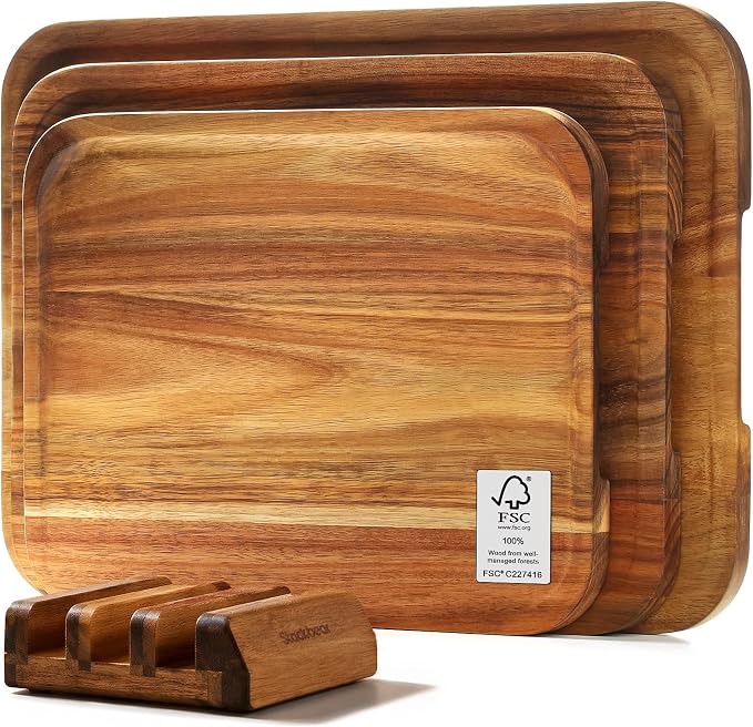 Starkbear Acacia Wood Cutting Board Set of 3 with Stand, Core-Cut Non Slip Wooden Chopping Block, Sloped Juice Groove Reversible Charcuterie Serving Tray for Modern Kitchen Gift