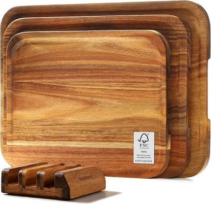 Starkbear Acacia Wood Cutting Board Set of 3 with Stand, Core-Cut Non Slip Wooden Chopping Block, Sloped Juice Groove Reversible Charcuterie Serving Tray for Modern Kitchen Gift