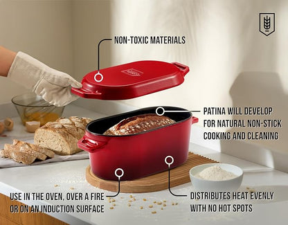 KooK Oval Loaf Shaped Cast Iron Dutch Oven for Bread Baking, 3.4 Qt Sourdough Dutch Oven with Lid, Enameled, Lid Lever, Dual Handles, Dishwasher Safe, 500°F, Cherry Ombre