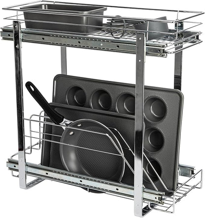 Household Essentials Glidez Multipurpose Chrome-Plated Steel Pull-Out/Slide-Out Dual-Sliding Storage Organizer for Cookware and Bakeware - 2-Tier Design - Fits Standard Size Cabinet or Shelf, Chrome