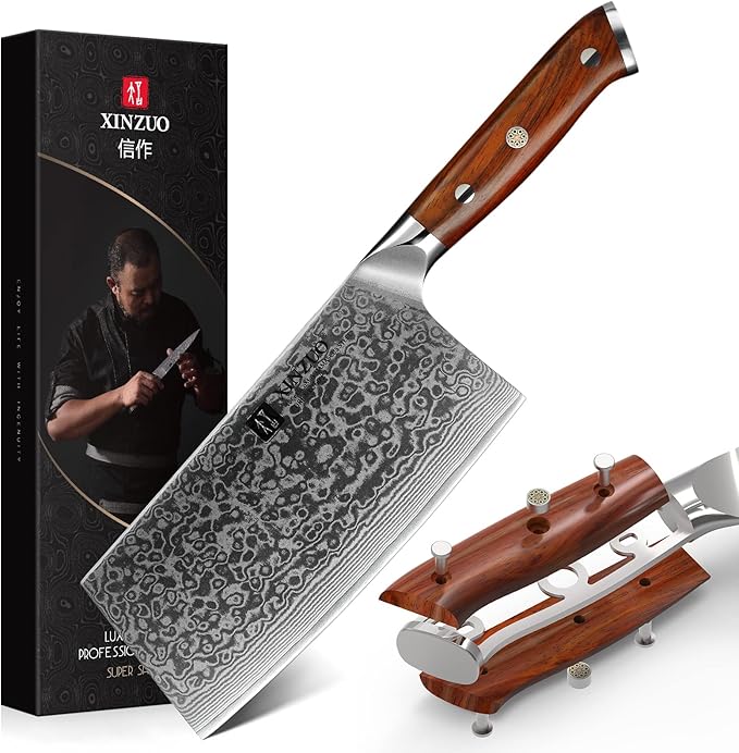 XINZUO 7 Inch Chinese Meat Cleaver Knife-Real 67 Layers Damascus Butcher Knife-Suitable for Meat/Vegetable Cleaver-Ultral Sharp-Natural Rosewood Handle-Yu Series