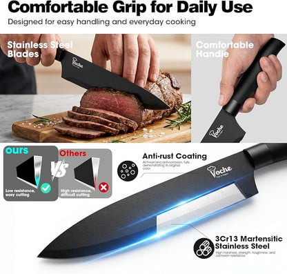 Knife Set, Kitchen Knife Set with Block, 7 Pcs Compact Knife Set, Knife Block Set Space Saving Stainless Steel Kitchen Knives with Scissors for Small Kitchens, Apartment & Everyday Cooking