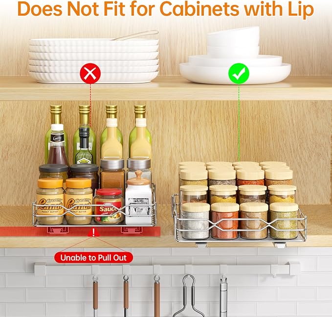 Pull Out Spice Rack Organizer for Cabinet, Slide Out Spice Organization for Cabinet Storage for Spices, Bottles & Jars, Sliding Spice Shelf for Narrow Kitchen Cabinets, Pantry, 8.5"W x 10.5"D x 2.5"H