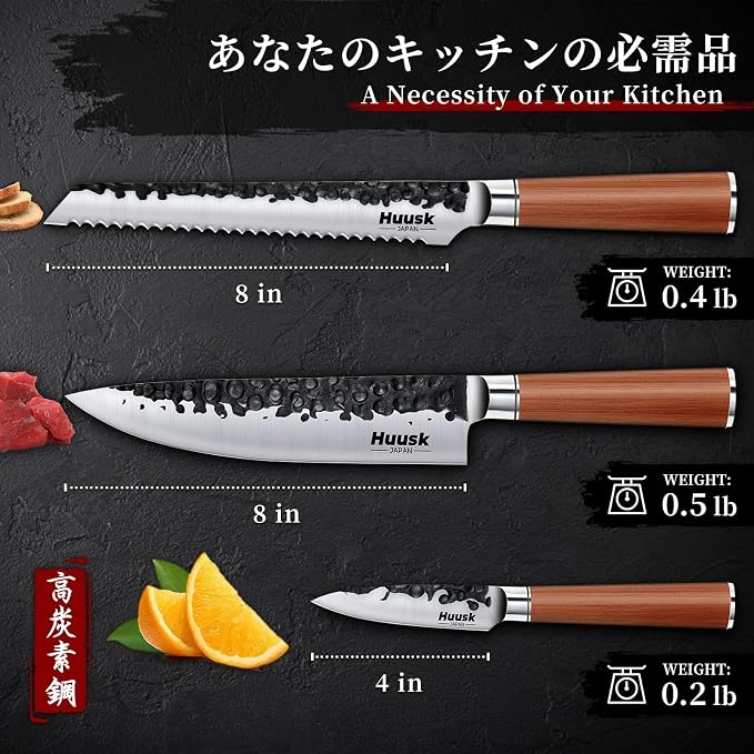 Huusk Japanese Kitchen Knife Set of 3, Professional Chef Knives Set for Kitchen, Sharp Cooking Knife Sets with Bread, Gyutou & Paring Knives, High Carbon Steel Sharp Cutting Knifes, Men Women Gifts