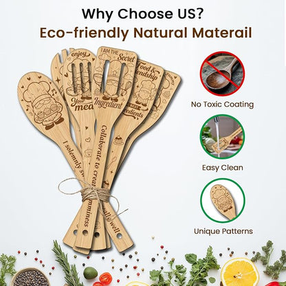 CUTHOLLOW 6PCS Chef Gnome Wooden Kitchen Cooking Utensil Set, 11.9in Non Toxic Bamboo Wood Spoon Set for Cooking, Best Housewarming Birthday Thanksgiving Christmas Gift for Women Mother