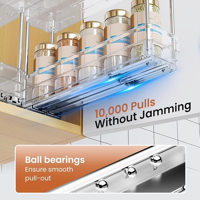 Mystozer Pull Out Spice Rack Organizer for Cabinet, Slide Out Spice Racks Organizer, Easy to Install Spice Cabinet Organizers, 2.3''Wx10.66''Dx8.11''H, 3 Packs - 2 Tiers (Clear)