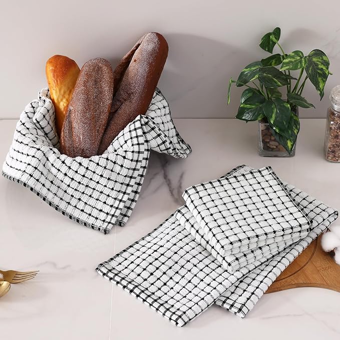 Homaxy Kitchen Towels and Dishcloths Set, 16 x 25 and 12 x 12 Inches, Set of 16 Cotton Terry Kitchen Dish Towels, Super Soft and Absorbent Dish Cloths, Black