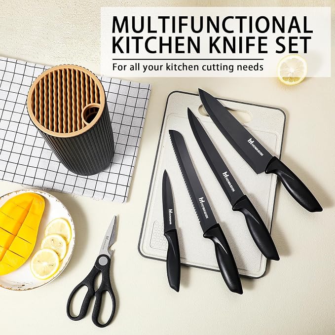 6-Piece Black Kitchen Knife Set with Block - Non-stick Stainless Steel, Anti-Rust Knives for Cooking, Slicing & Baking, Perfect for Home Chefs & Culinary Enthusiasts