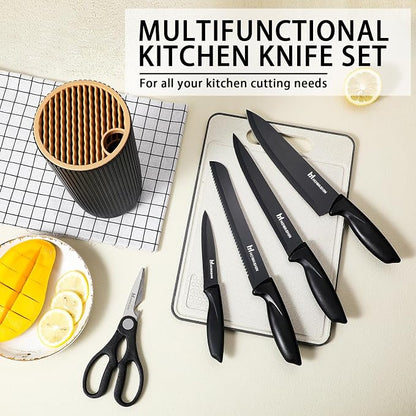 6-Piece Black Kitchen Knife Set with Block - Non-stick Stainless Steel, Anti-Rust Knives for Cooking, Slicing & Baking, Perfect for Home Chefs & Culinary Enthusiasts