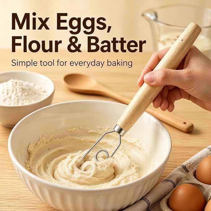 Digead Danish Dough Whisk, 304 Stainless Steel Dutch Whisk with Wooden Handle – Ergonomic Manual Mixing Tool for Home Baking: Heavy Dough, Sourdough Bread, Pizza Dough, Cake Batter (13 inch)