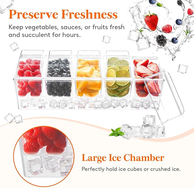 Lifewit 4 Pcs Ice Chilled Condiment Caddy with 5x20 oz Containers, Condiment Server with Separate Lid, Serving Tray Platter with Removable Dishes for Bar Fruit Salad Taco Party Garnish, 39 x13cm/15x5